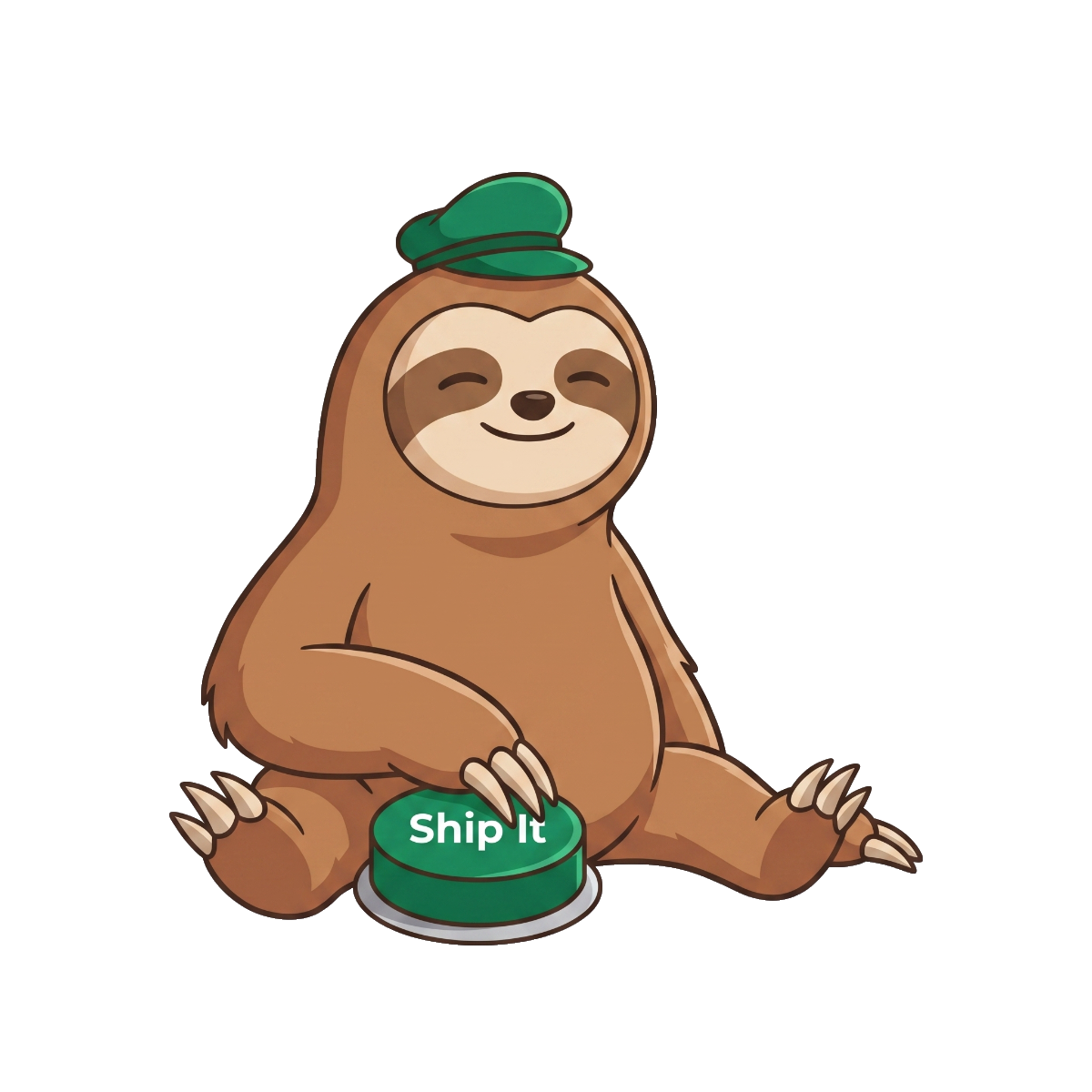 Mo the sloth resting a claw on a green Ship It button